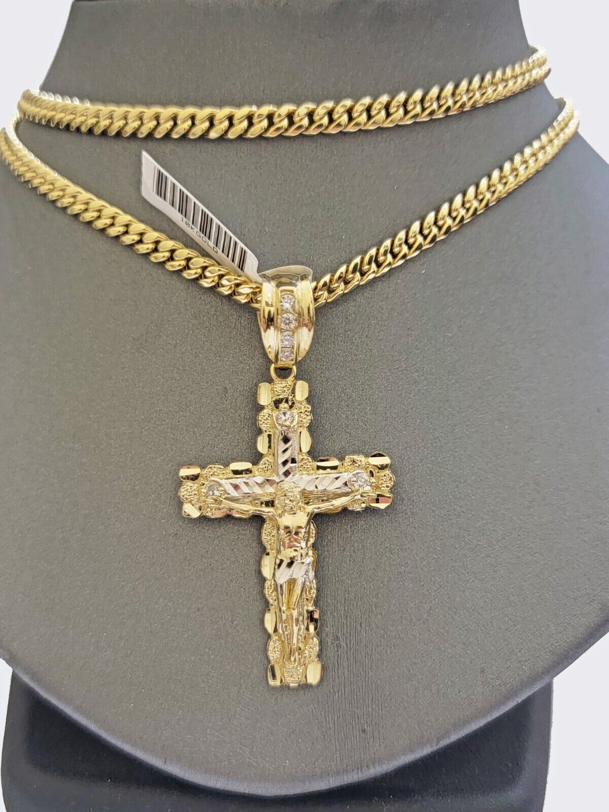 Real 14k Gold Nugget Cross pendant Cuban Link Chain 4.5mm 20" Necklace Charm Set - GoldenlinQ